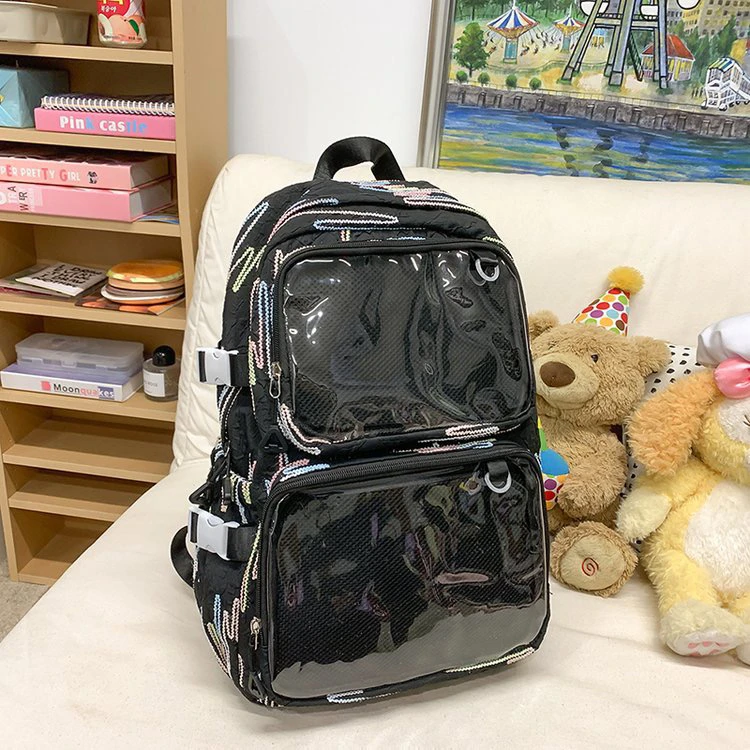 Fashionable Transparent Double Shoulder Bag for Students Girls Barbecue Backpack Bucket Shape Large Size Soft Oxford Fabric Bag