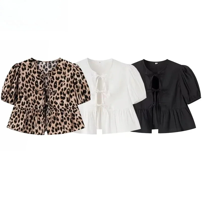 

Leopard Print Crop Top Women Puff Sleeve Ruffle Blouses Woman 2025 Summer Shirts and Blouses for Women Ruched Ladies Tops