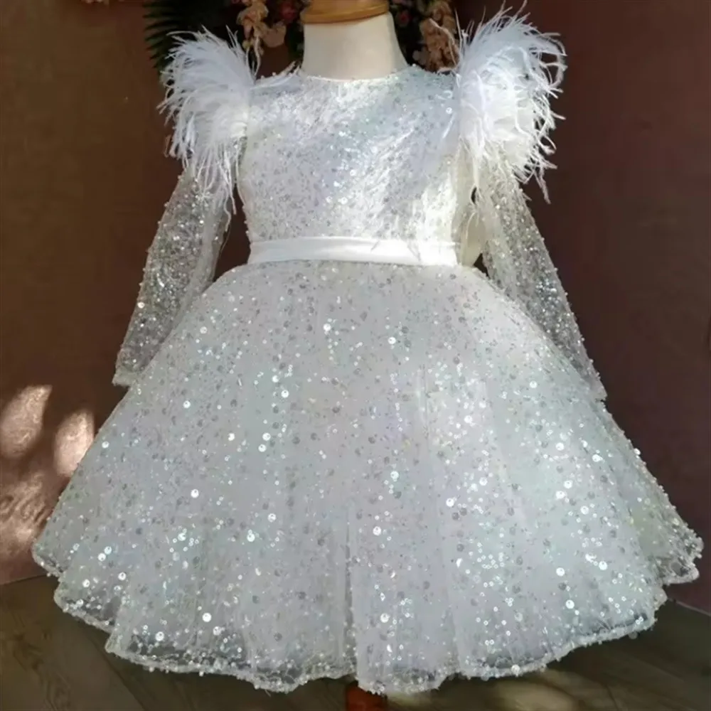

Fashion Flower Girl Wedding Dress Princess Sequins Tutu Feather Long Sleeve Dress Child Vestido Baby Girls Birthday Party Dress