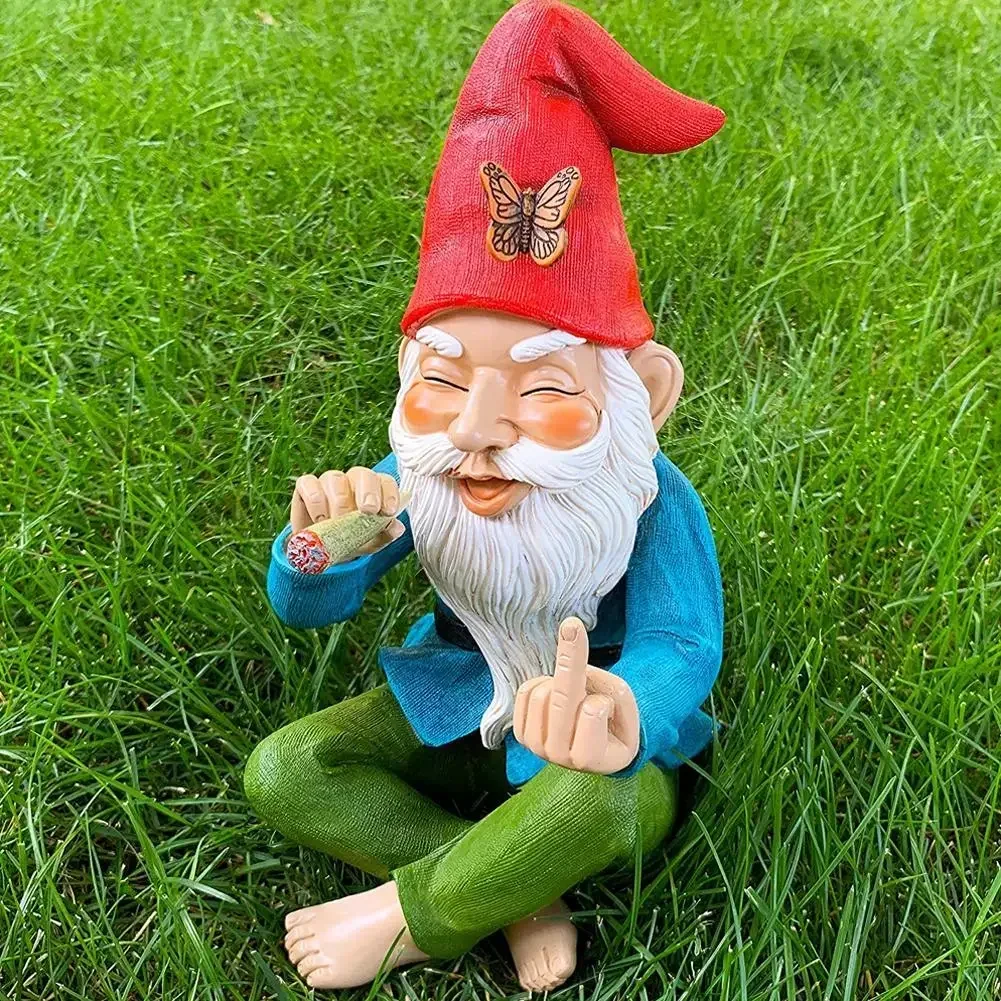 Garden Gnome Ornaments Resin Statue Figurine Smoking Finger Middle Desk Bookshelf Art Home Garden Decor