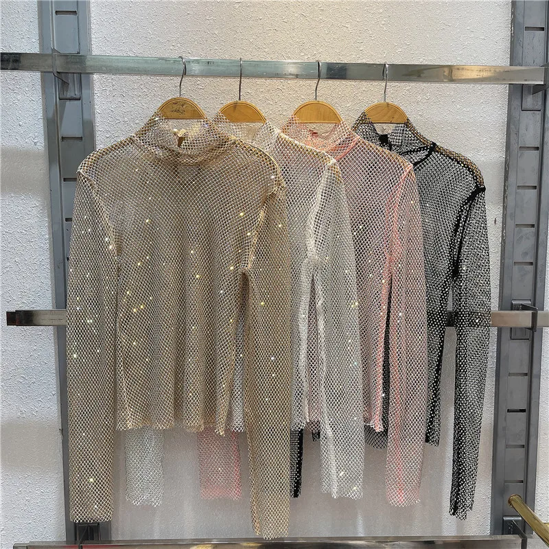 Bungee Sexy Hollow See-through Mesh Diamond Crystal Top with Bright Diamond Inner Layering Party Buling Shiny Bottoming Shirt