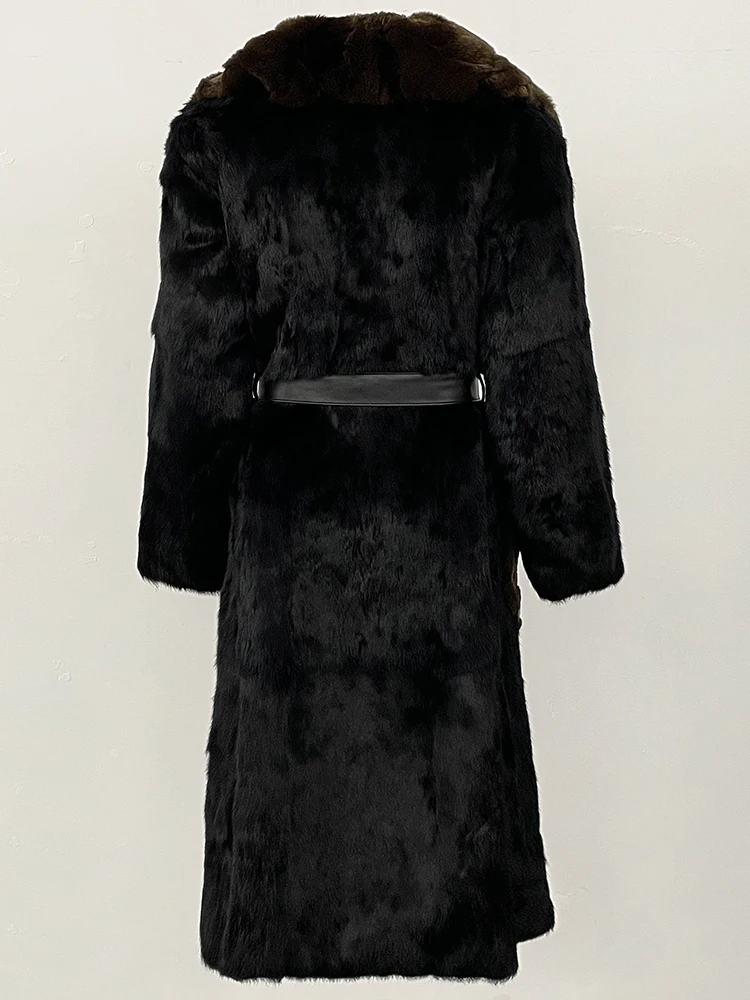 Ropa de invierno 2025 para mujer, abrigo de piel de conejo Natural, cinturón largo de cuero, chaqueta de piel auténtica, moda femenina, ropa cálida de lujo