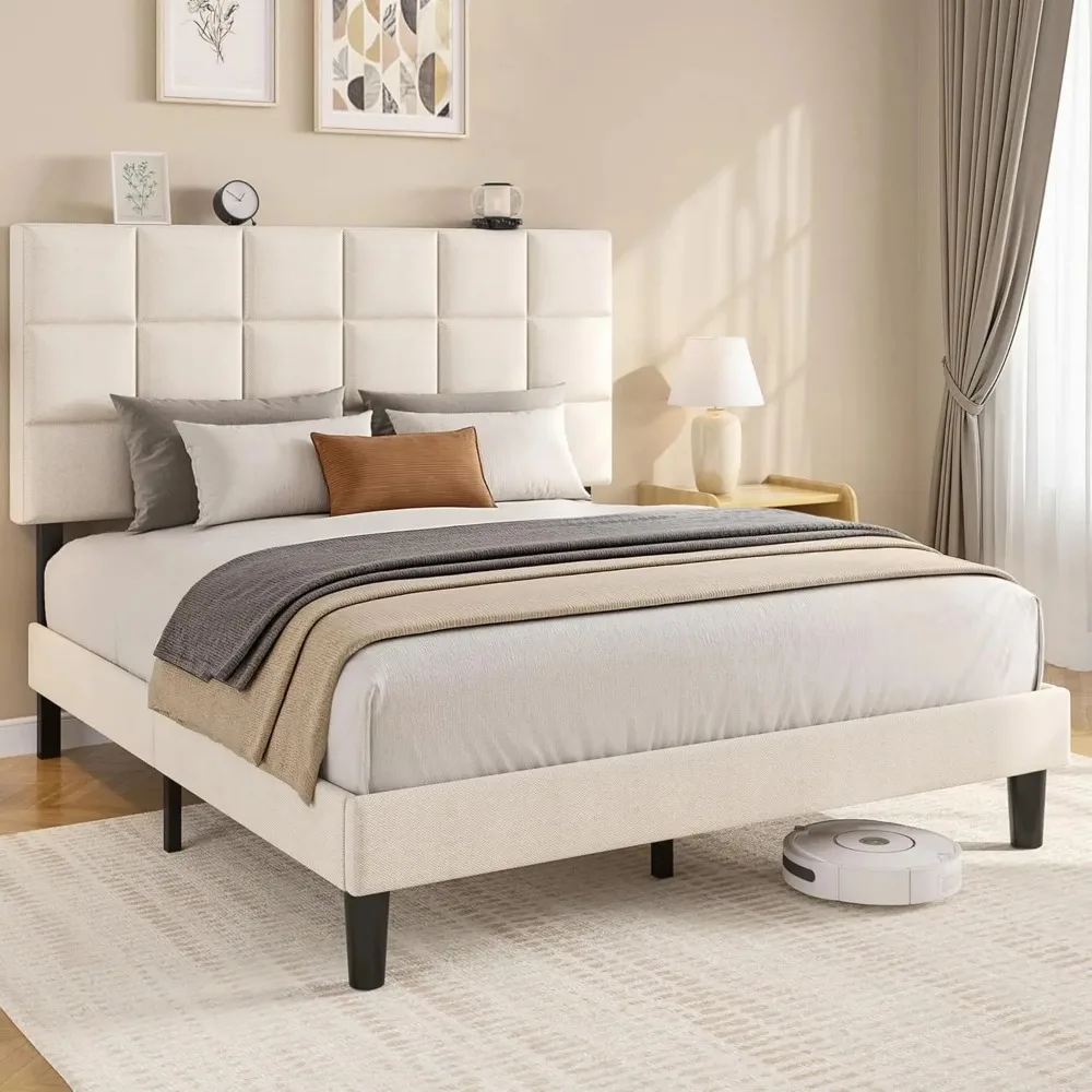 

Queen Platform Bed Frame with Linen Upholstered Adjustable Tall Headboard, No Box Spring Needed, Anti-Noise EVA, Customized