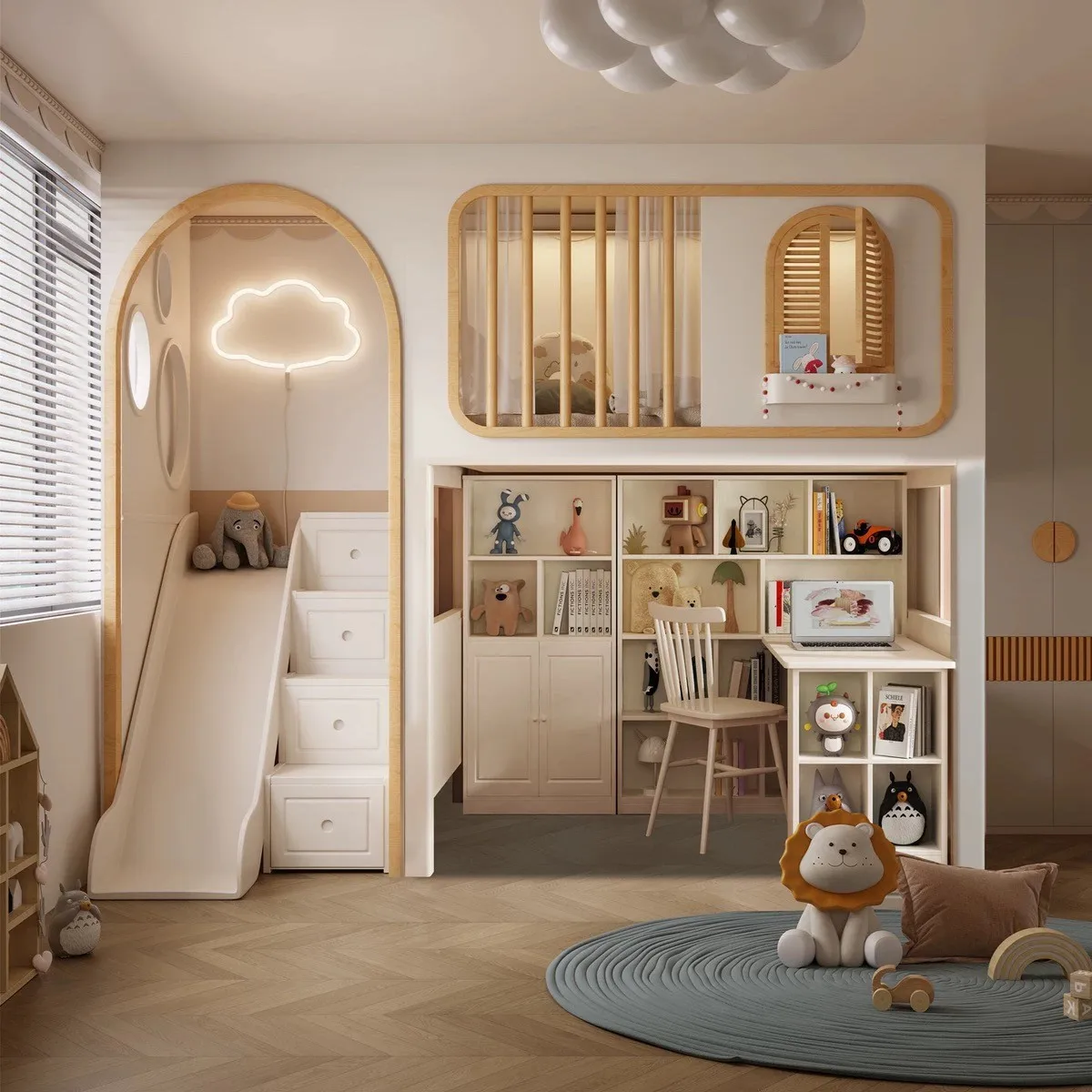 Customizable desk integrated wardrobe multi-functional bed under table empty cabinet combination high and low tree house bed