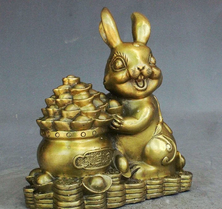 Chinese Fengshui Brass Fu Animal Rabbit Hold Yuanbao Money Treasure Bowl Statue