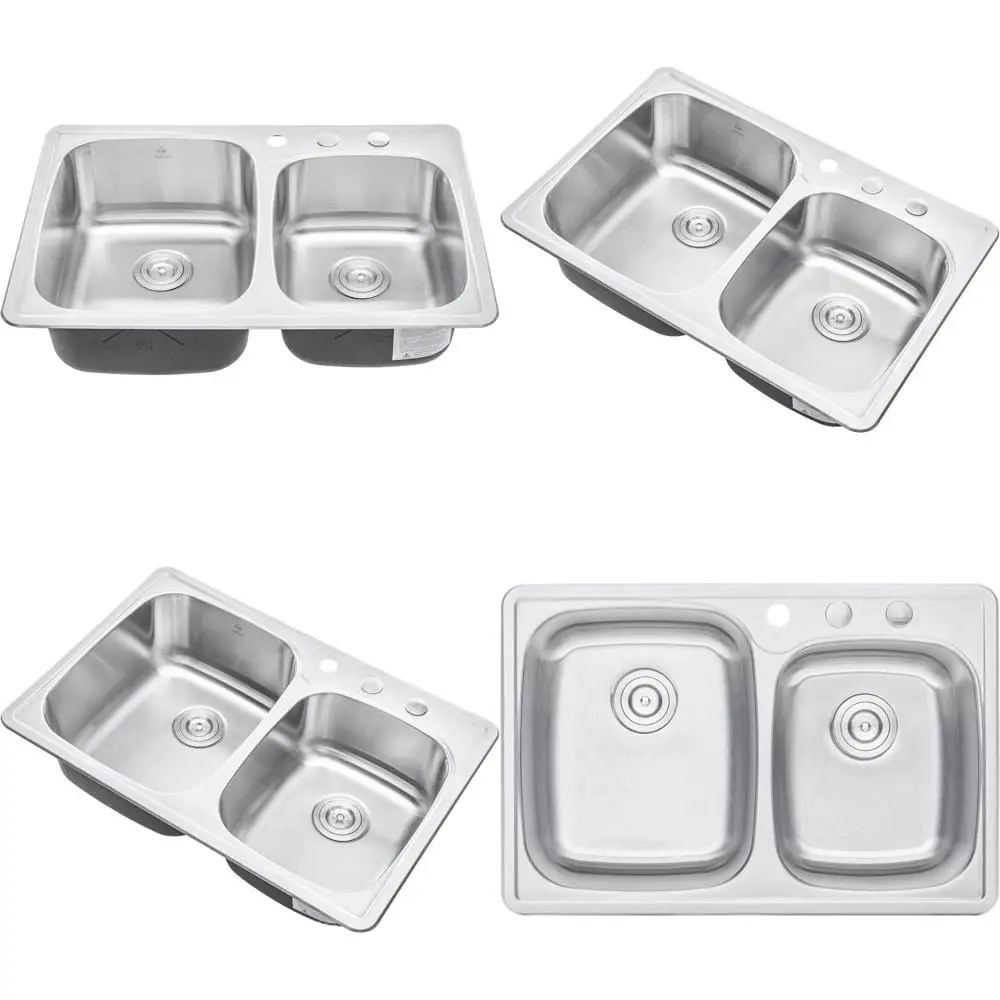 

33-дюймовая кухонная мойка из нержавеющей стали с двумя отсеками (60/40), встраиваемая, с 3 отверстиями для смесителя