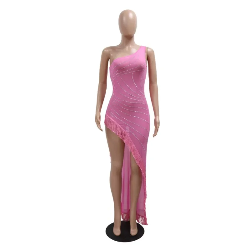 Donne nappa diamanti maglia trasparente Maxi abito da sera asimmetrico Sexy una spalla senza maniche Clubwear abito lungo Vestidos