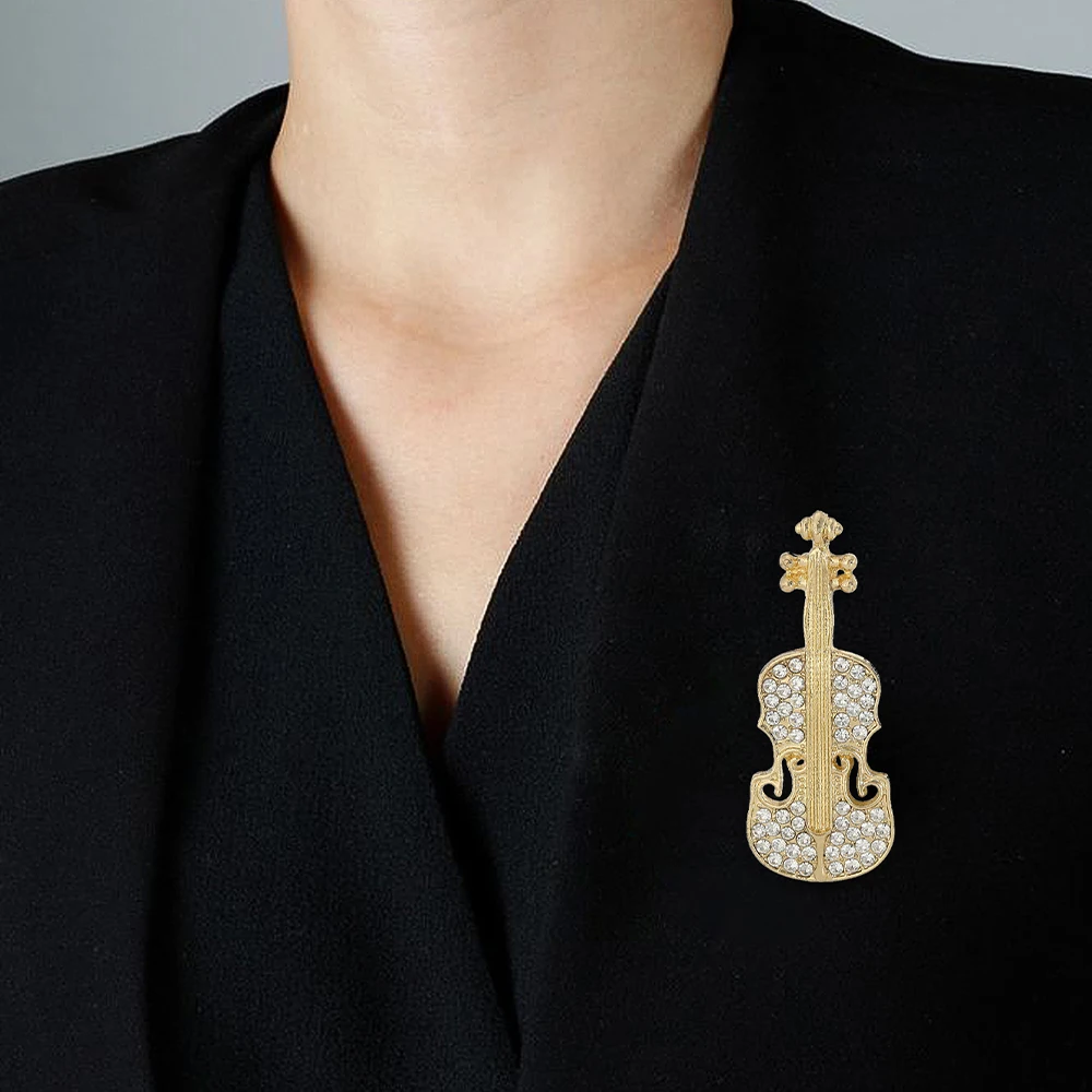Full Rhinestone Violin & Cello Brooch Sparkling Crystal Inlaid Musical Instrument Lapel Pins with Pearl for Suit Scarf Decor