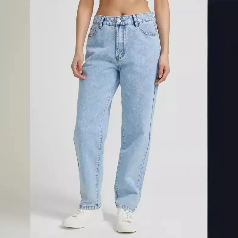 Damen-Jeans im Distressed-Look, Vintage-Stil, gerade, hohe Taille, knöchellange Hose, gewaschener Denim, Jeans mit Reißverschluss, gespleißt, lockere Passform, Basics