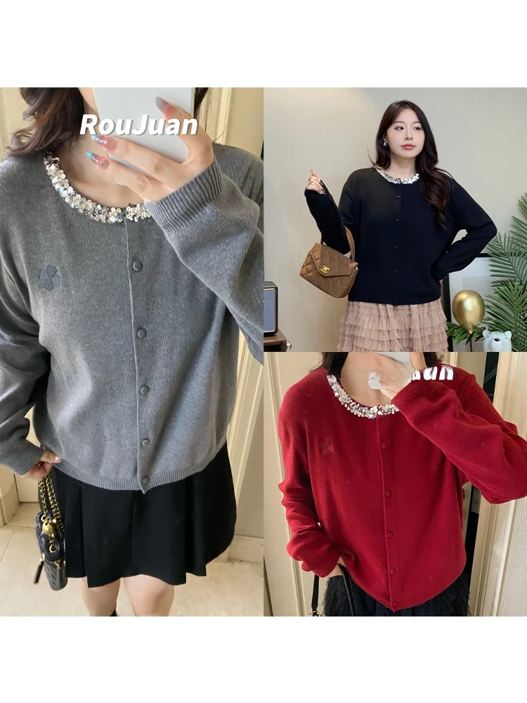 

Мягкий вязаный кардиган с пайетками больших размеров из кроличьего плюша, осенняя высококачественная одежда для пышных женщин для банкетов