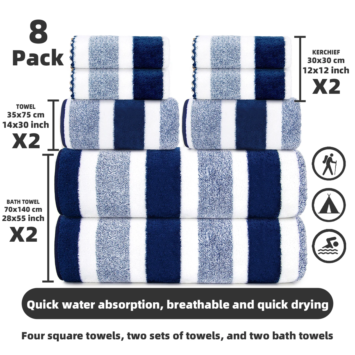 8‑Piece Towel Set, 2 Bath Towels + 2 Hand Towels + 4 Face Towels, Soft & Comfortable, High Water Absorbency, Bathroom Towels