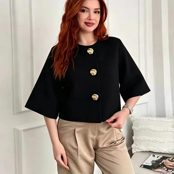 Black Round Neck 3/4 Sleeve Knit Cardigan Cropped Short Jacket Women Casual Elegant Knitted Outerwear 261001