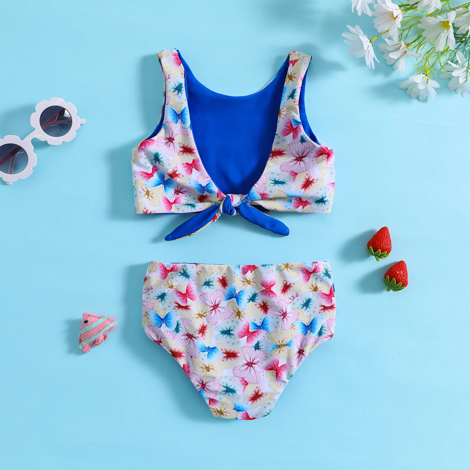 Toddler two piece swimsuit with colorful butterfly pattern for beach swimming and water play