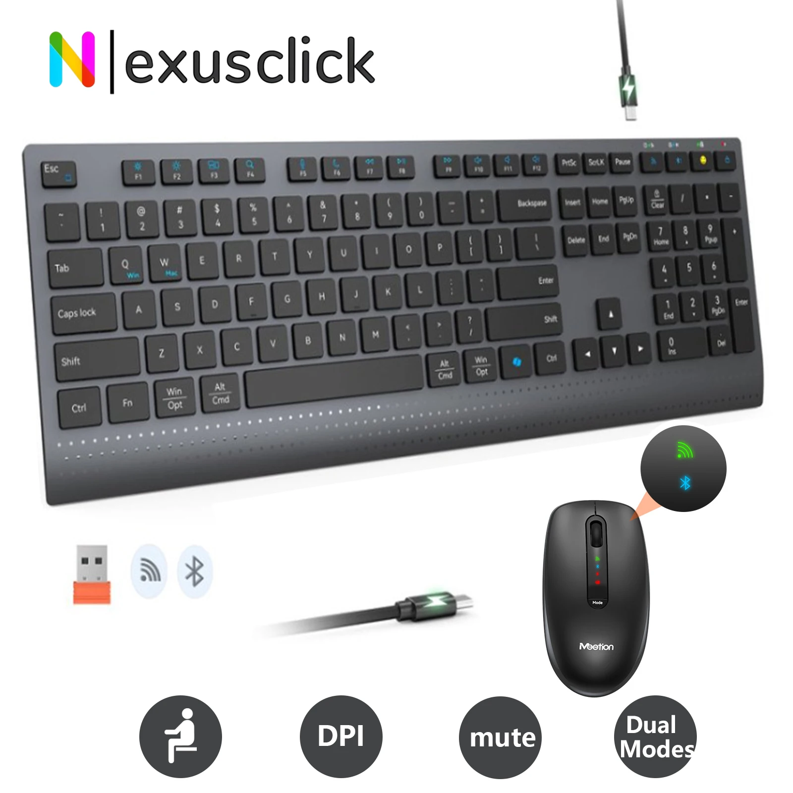 2.4G Wireless Bluetooth Rechargeable Keyboard And Mouse Combo Office Stylish Full-Size Slient Click Keyboard For PC Computer