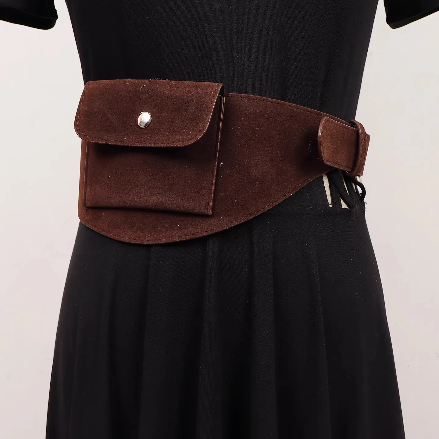 女性のヴィンテージフェイクスエードレザーポケットカマーバンド女性ドレスコルセットウエストバンドベルト装飾ワイドベルト-r2611