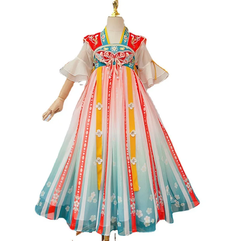 Hanfu bordado tradicional chino para niños, traje de hada para niñas dulces, vestido de la dinastía Han, traje de baile, bata de Cosplay, ropa de verano