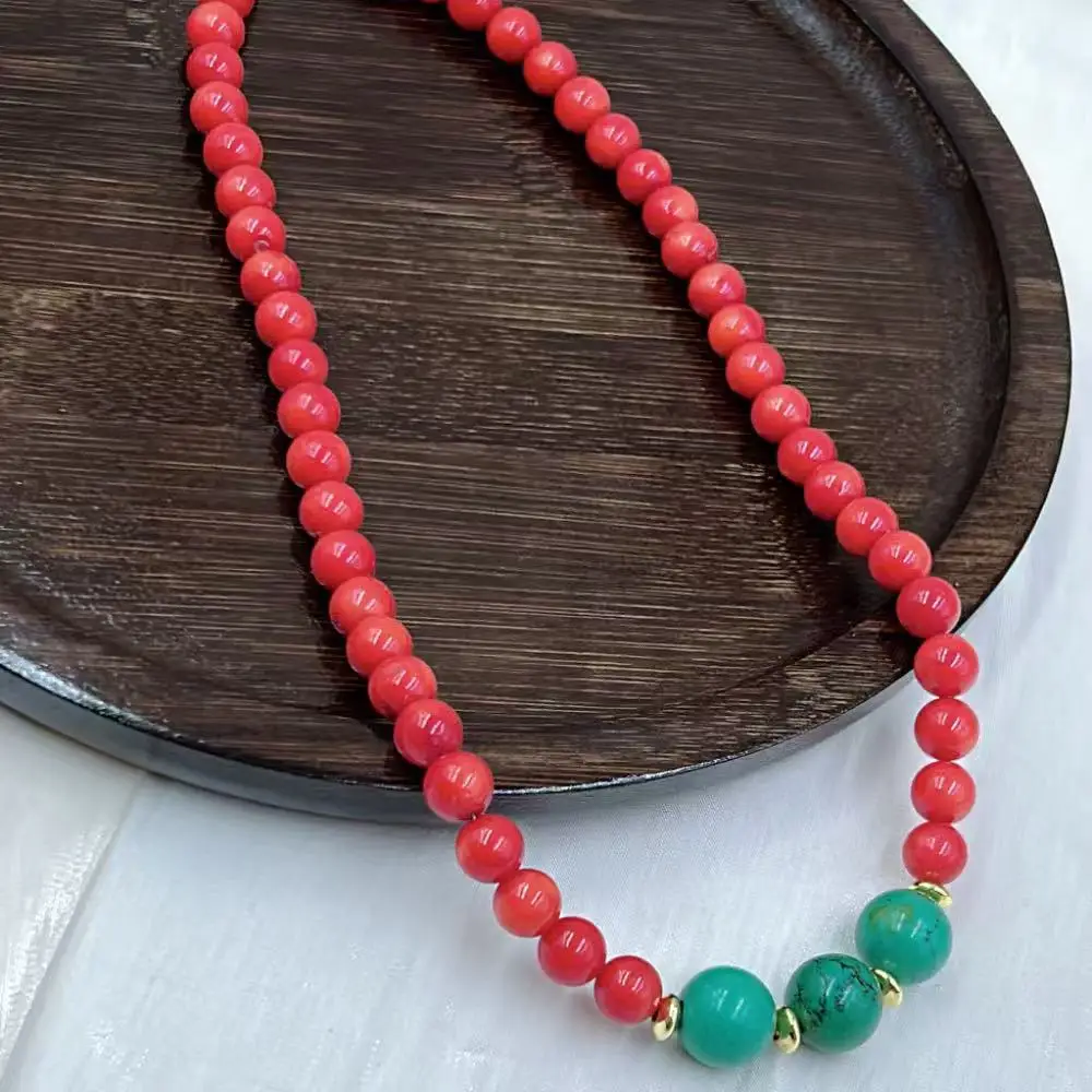 8mm 12mm 17-20inch  Fashion Jewelry Natural Sea Bamboo Red Coral Green Turquoise Beads Short Collar Female Necklace