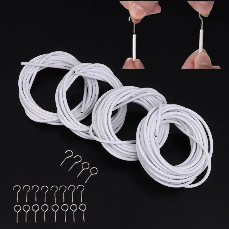1 Set White PVC Steel Curtain Track Wire 2/3/5/6 Meters Curtain Spring Rope With Hooks Eyes Wall