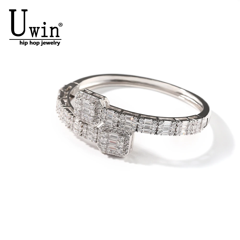 Uwin Full Iced Out Cubic Zirconia Bangle Baguette CZ Bracelets 3 Colors Personalise Fashion Hip Hop Jewelry For Women Gifts