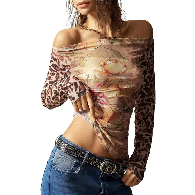 AT33 Damen-Oberteile mit Blumenmuster, schulterfrei, langärmelig, Herbst-Mesh, gerüscht, tailliert, trendige Ausgeh-Hemden, Blusen