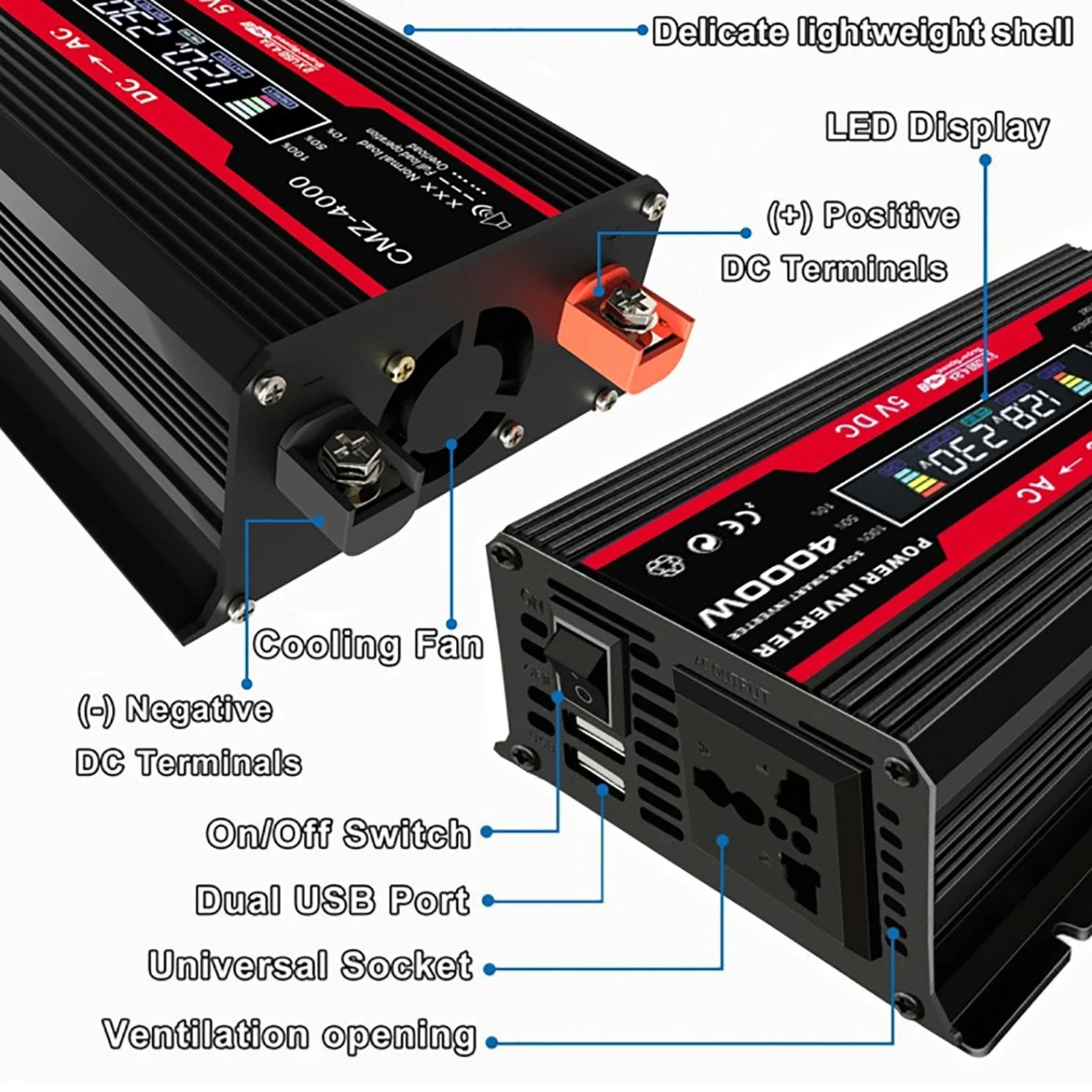 듀얼 USB 수정 사인파 전압 변압기, 태양광 인버터, 자동차 어댑터, 고속 충전 컨버터, LCD 디스플레이, 4000W, 12V