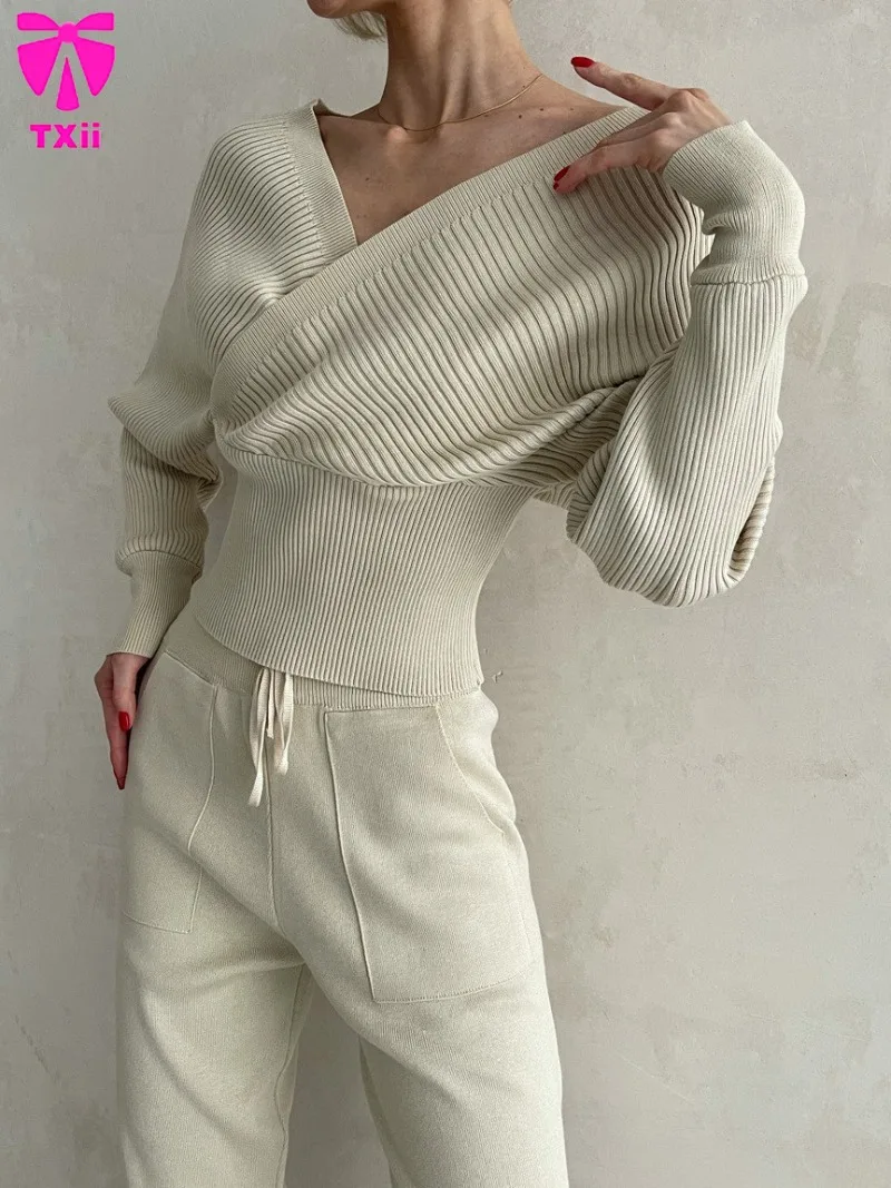 

Зимний свитер с v-образным вырезом, повседневный новый свободный вязаный пуловер с длинными рукавами, элегантный однотонный свитер, топ, женский комплект из двух предметов