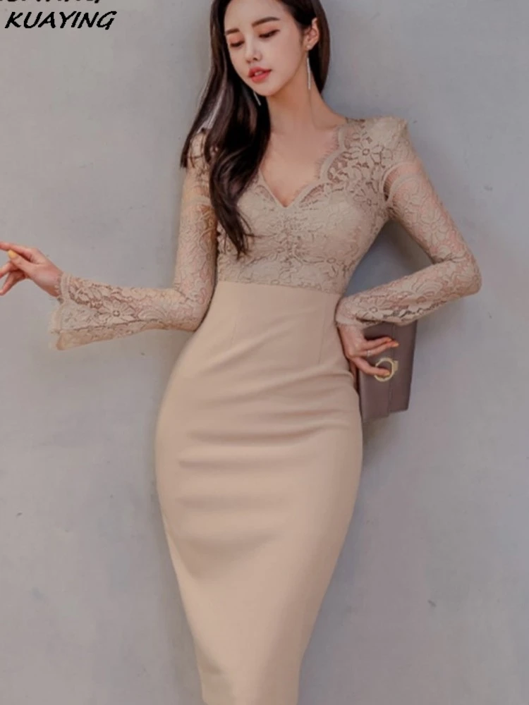 

Korean Ladies Work Style Pencil Dresses 2025 Elegant Office Commute Lace Sexy V-Neck Slim Dress Mujer Vestidos Long Seleeve