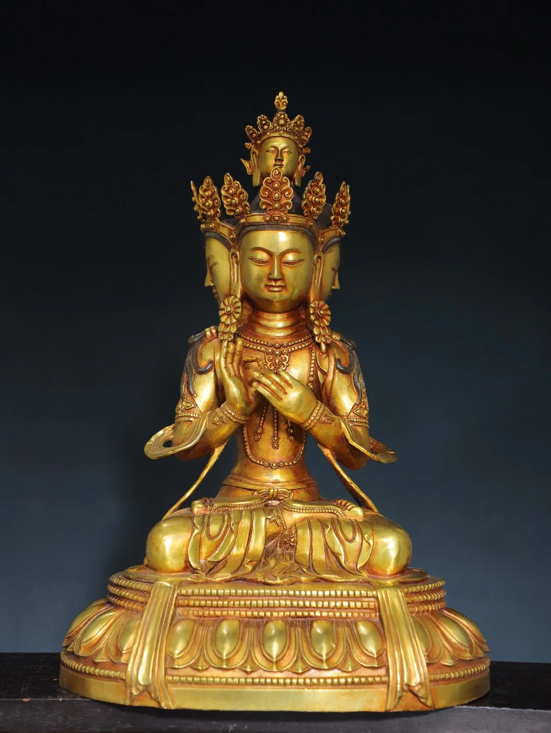 

19"Tibetan Temple Collection Old Bronze Gilded Cinnabar Three Buddha Head Guanyin Sitting Buddha Lotus Terrace Worship Hall