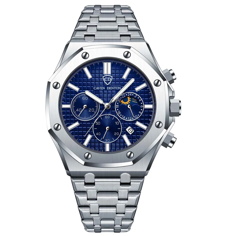Caven denton relógios masculinos high-end três olhos seis mãos multifuncional fase da lua pulseira de aço inoxidável relógio masculino à prova dwaterproof água