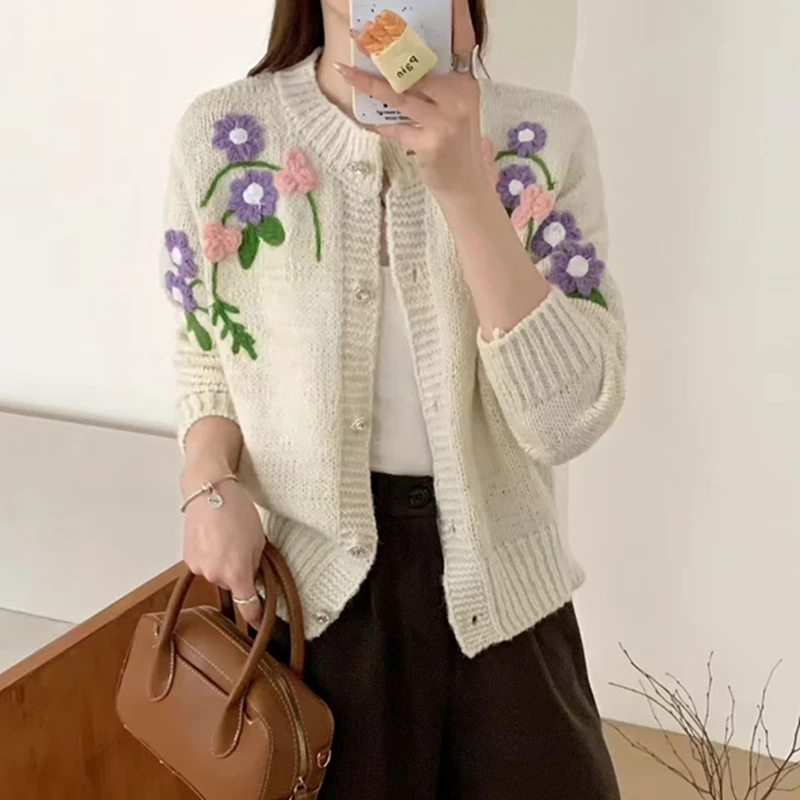 Sweet Fashion Girls Embroidery Flowers Knitted Sweater Coat New Fashion Autumn Winter Single Breasted Manual Weave Cardigan Tops