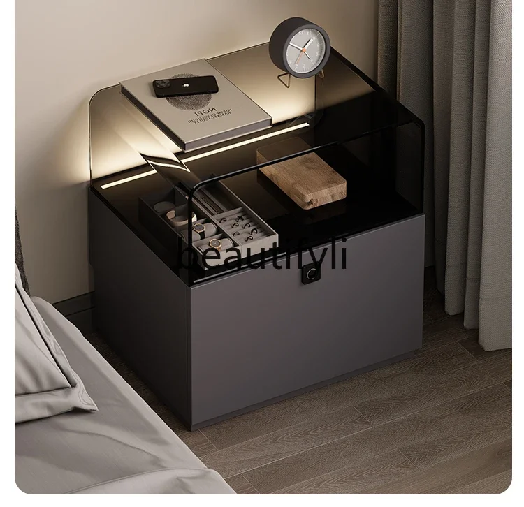 

SS Italian minimalist smart bedside table with fingerprint lock bedside table light luxury high-end small locker