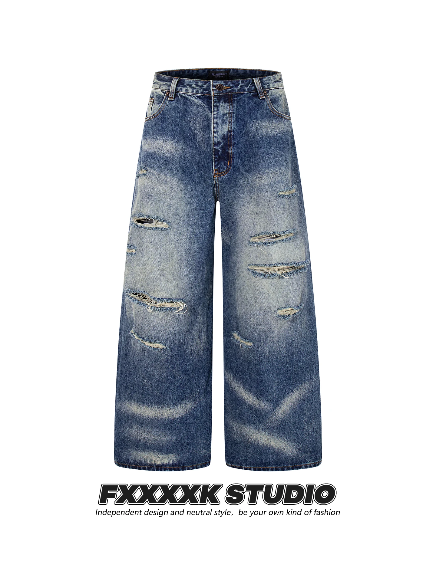 

Original FXK Trendy Vintage Waed Ripped Design Heavy Du High Street Wide Leg Jeans Loose Fit for Men And Women