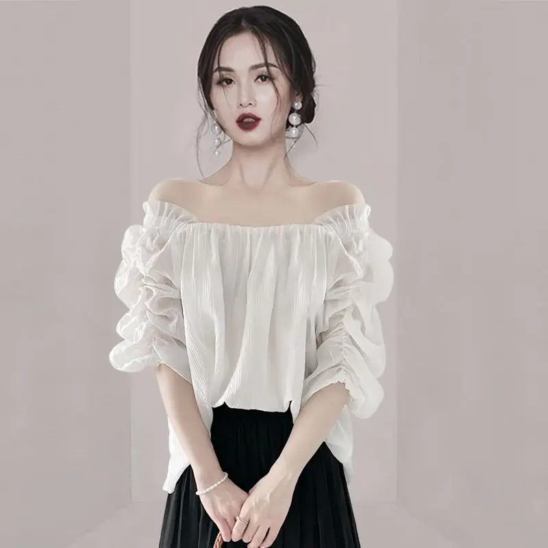 Sweet Square Collar Shirring Ruffles Puff Sleeve Blouse Female Clothing 2023 Summer New Casual Pullovers Office Lady Shirt