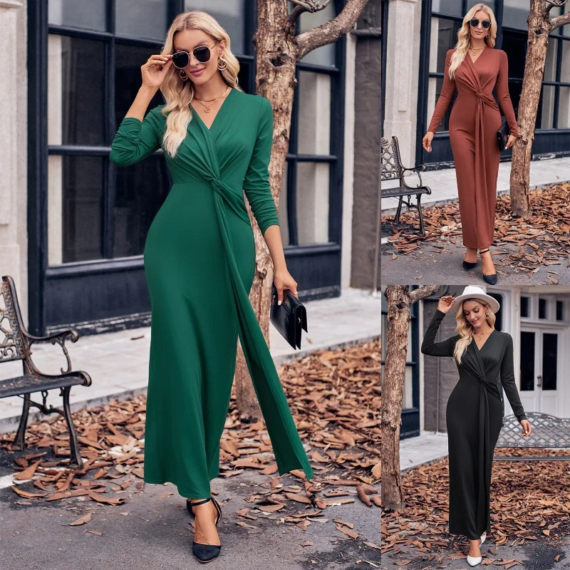 

SHAN-Autumn and Winter New Women's Clothing Independent StationVCollar Solid Color Twist Waist-Controlled Long Sleeves Dress