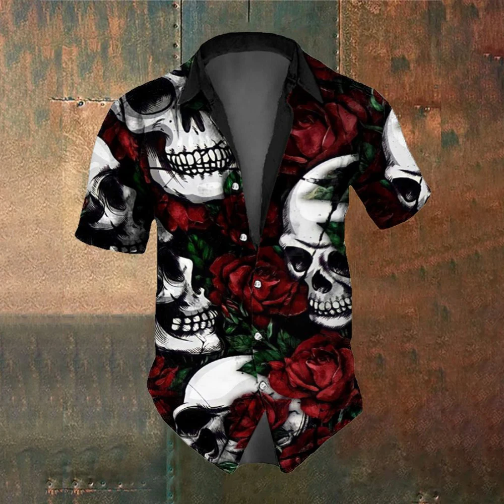 Summer Fashion Skull Cross Pattern Horror Men\'s Short Sleeved Printed Shirt Street Trend Party Men\'s Oversized Top SIZE S-5XL