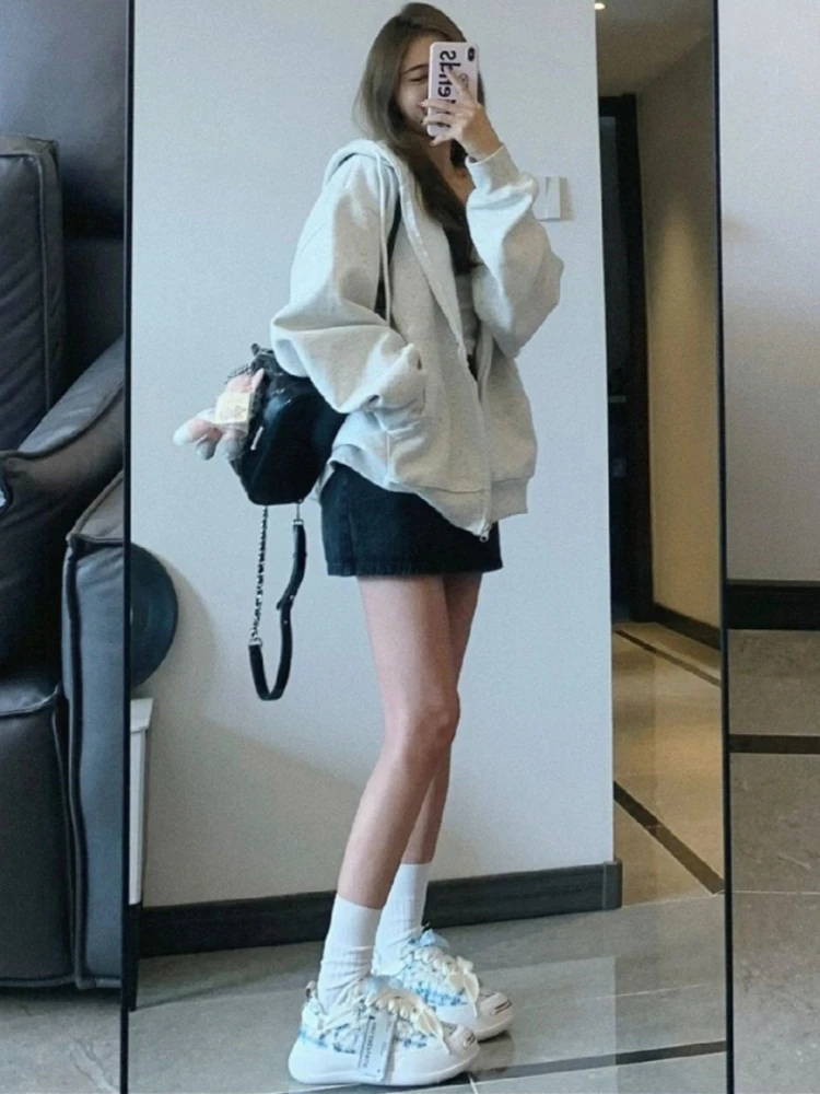 2026 New American Retro Grey White Oversized Hooded Sweatshirt Women Spring Autumn Thin Loose Lazy Cardigan