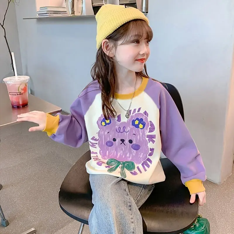 2026 Girls Thick Sweatshirt Spring Autumn Color Block Pullover Long Sleeve Kids Tops Fashion Children Clothing