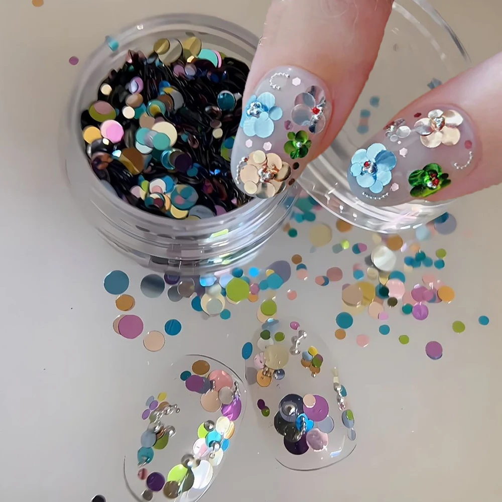 1Jar 3D Flower Round Sequins Nail Glitter Mixed Colorful Holographic Circular Flakes DIY Wave Point Nail Charms Manicure Decor