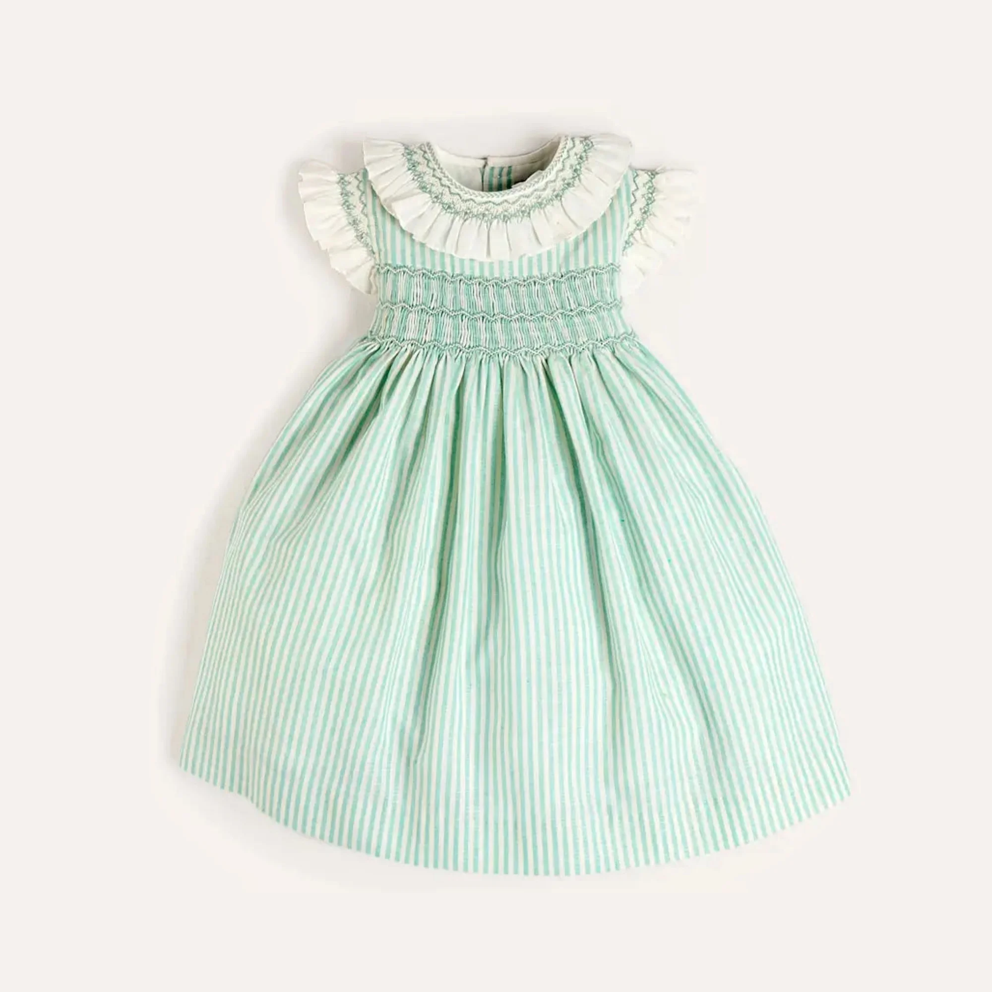 Summer Elegant Sleeveless Girl Dresses Green Color Stripe Hand Make Smocked Frill Collar Birthday Party Dress For Kids Girls