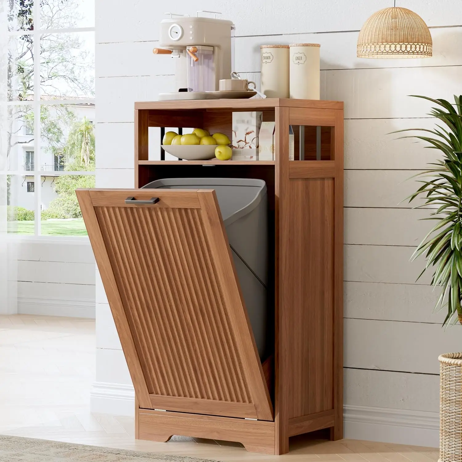 Pet-Proof Single 13 Gallon Tilt Out Trash Can Cabinet with Open Storage – Hide Garbage & Recycling Bins to Keep Your Kitchen