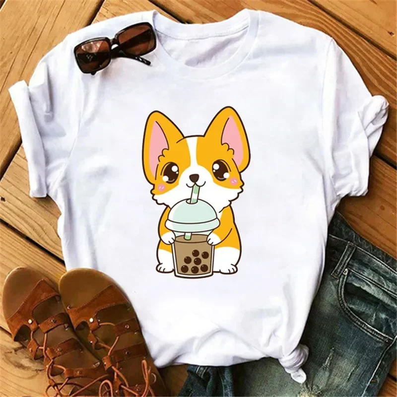 Kawaii Clothes Cartoon Corgi Print Women T Shirt White Soft O-neck Graphic Tee Summer Casual T-shirts for ladies young age tee