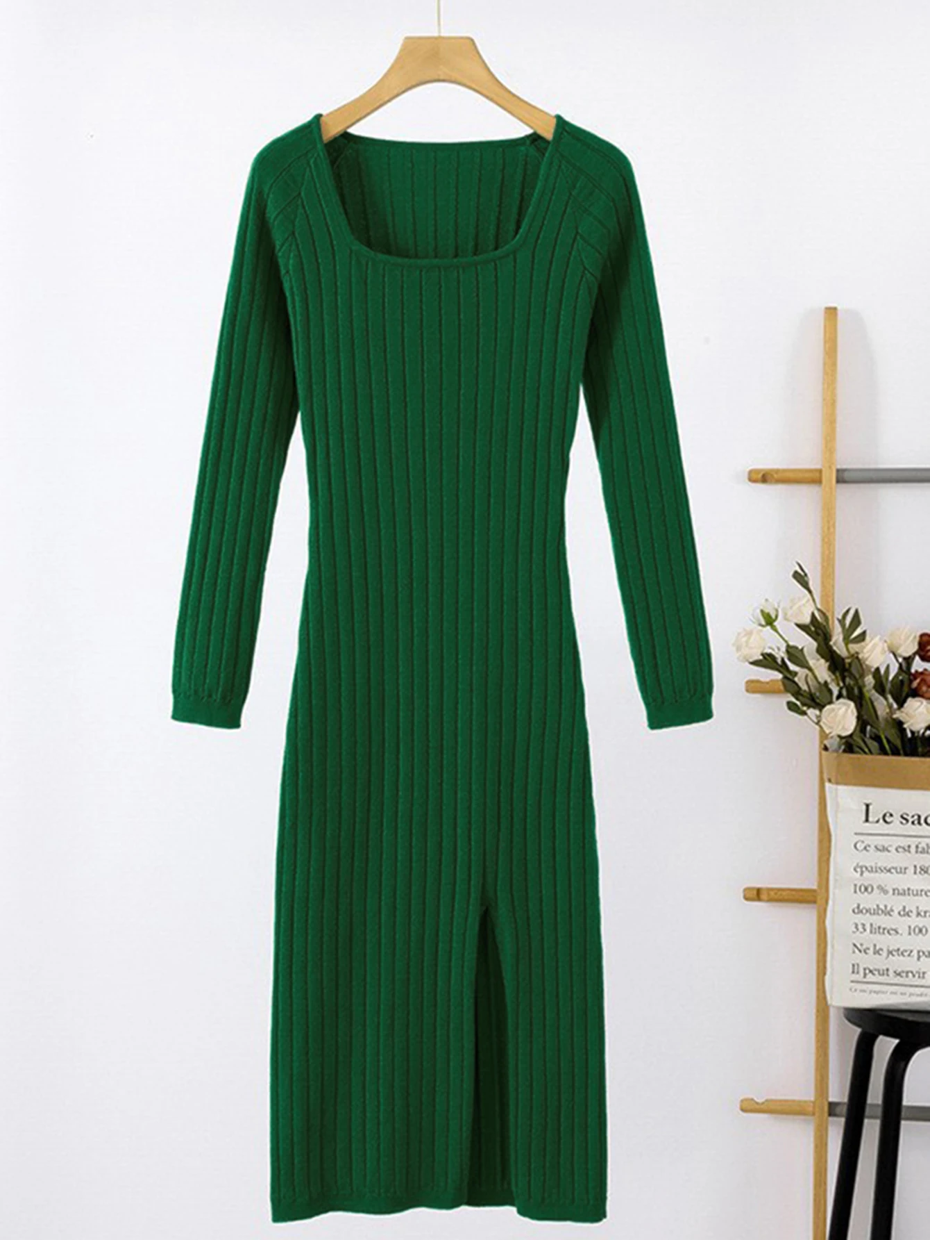 Women's Elegant Plain Long Sleeve Midi Dress Autumn Winter Square Neck Side Slit Daily Bodycon