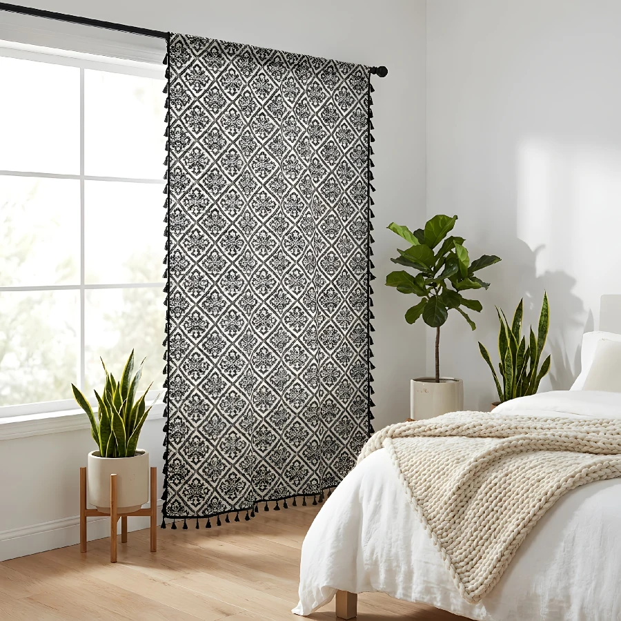 1PC Boho Tassel Sheer Curtain, Black White Geometric Diamond, Digital Print, Linen Polyester, Bedroom Living Room, Rod Pocket