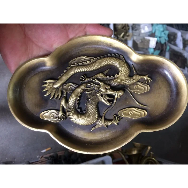 Chinese ancient home decoration brass bronze craft collection metal handicraft dragon statue plate