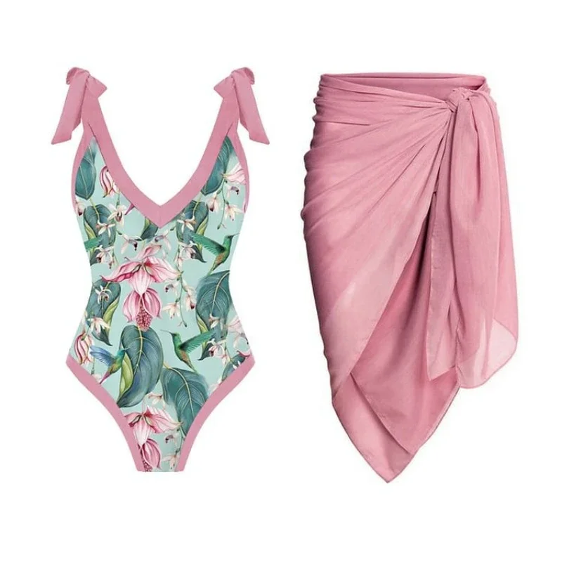 Maillot de bain à volants à bretelles vertes pour femmes, taille haute, bikini découpé une pièce, jupe en mousseline rose, élégant, adapté aux femmes