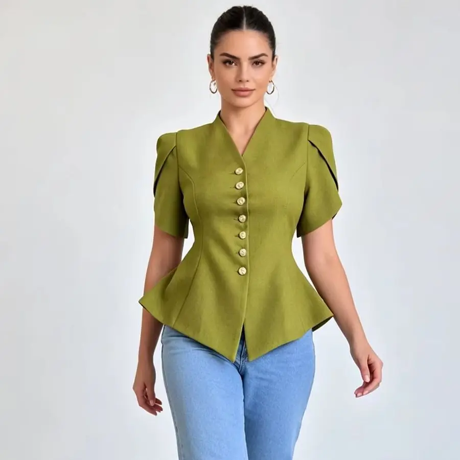 V-Neck Peplum Blazer Top with Puff Sleeves and Buttons