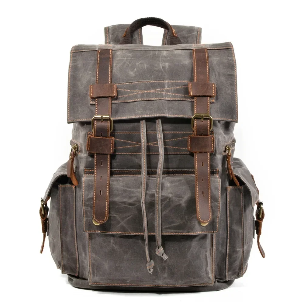 

M257 New Vintage Men Large capacity Military Oiled Leather Canvas Backpacks School Bags Teenagers Laptop Backpack Duffel Bag