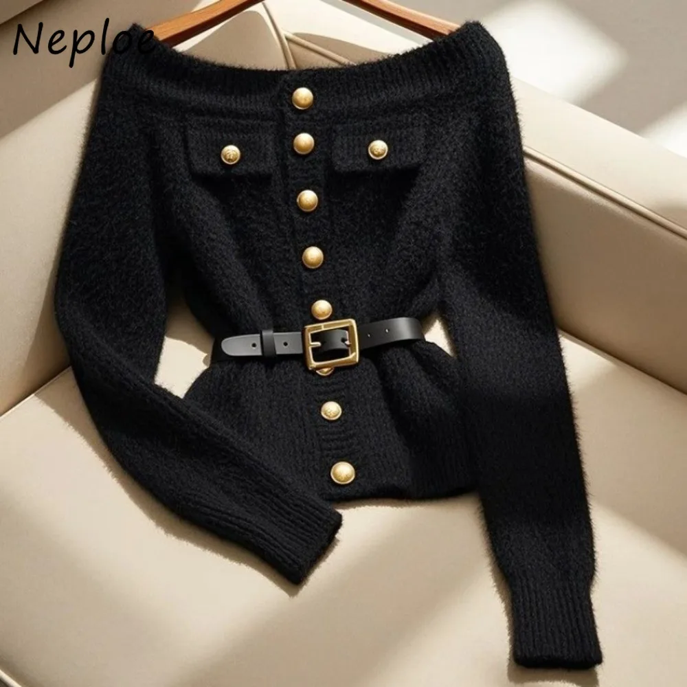 Neploe Elegant Slim Celebrity Casual Belt Pull Femme Warm Thicked Slash Neck 2024 Crop Tops French Style Small Fragrance Mujer