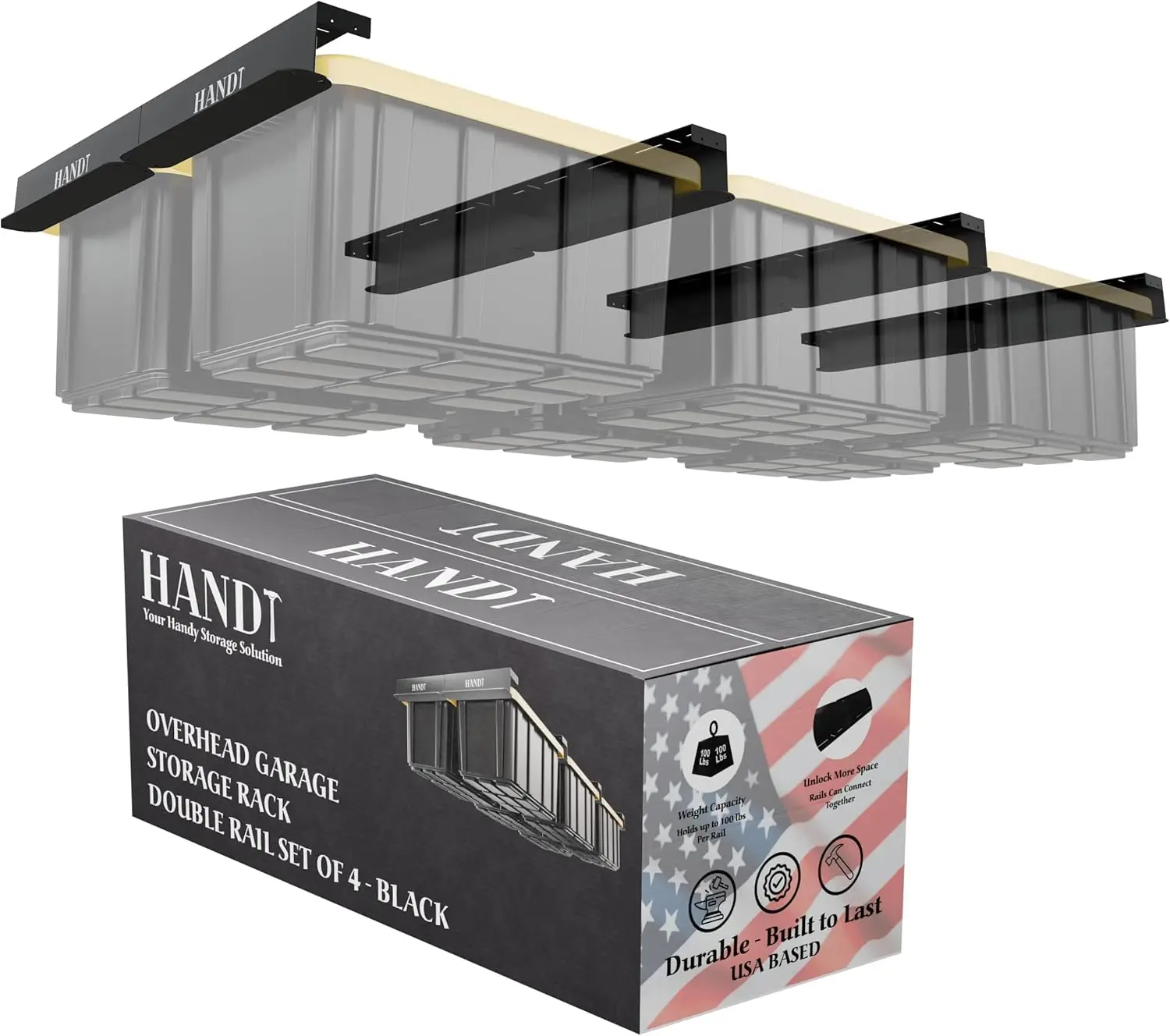 

Сверхмощный подключаемый потолочный стеллаж для организации гаража, вмещает до 6-контейнеров, черный