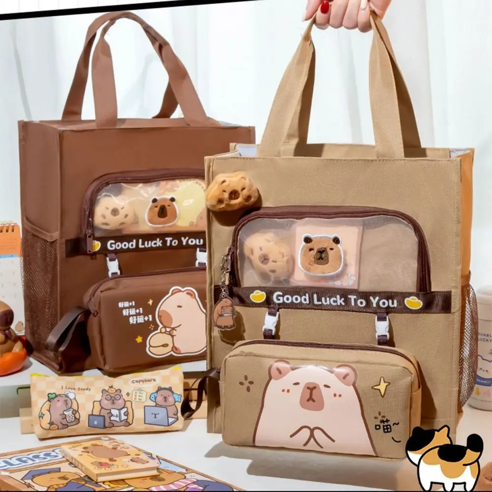 Six-Layer Tote School Bag Capybara/Panda Large-capacity Students Tutorial Bag Waterproof Portable Handbag Learning Supplies